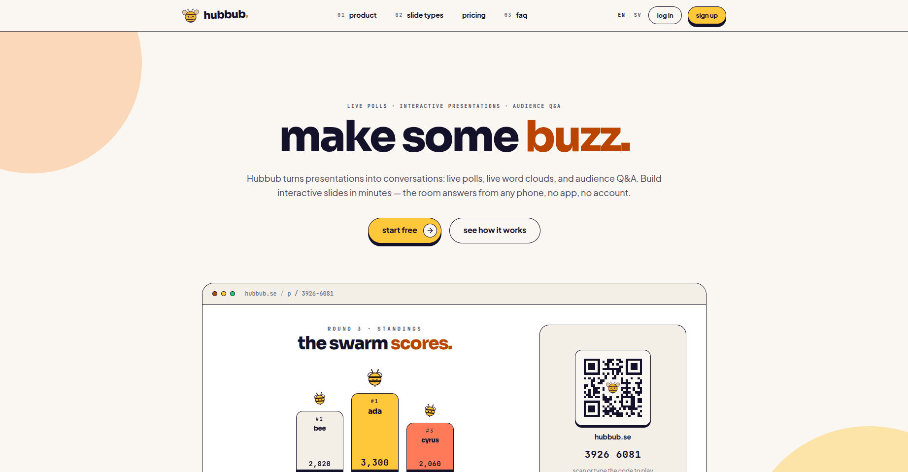The hubbub.se landing page: live polls and audience Q&A